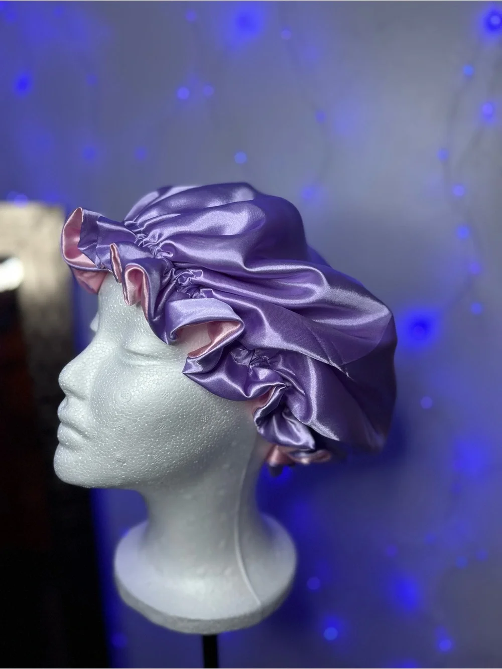 Lavender & Pink Ruffle Edge Satin Bonnet – Double-Sided Sleep Cap for Women